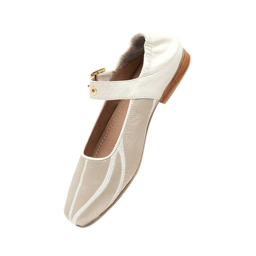 Zapatos Bon-Bonite | Baleta En Cuero Y Textil Color Blanco Crema