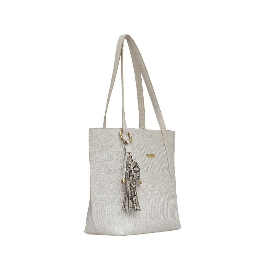 Bolsos Bon-Bonite | Cartera De Mano Estilo Tote Bag Color Blanco Crema En Cuero