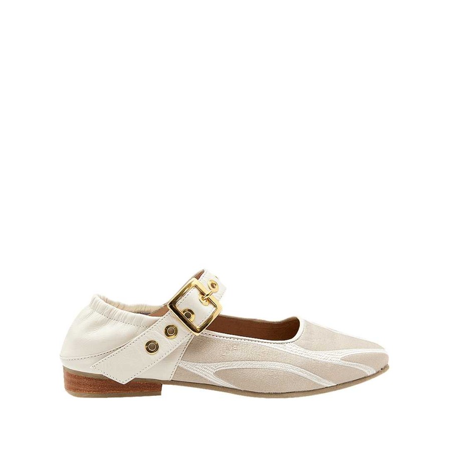 Zapatos Bon-Bonite | Baleta En Cuero Y Textil Color Blanco Crema