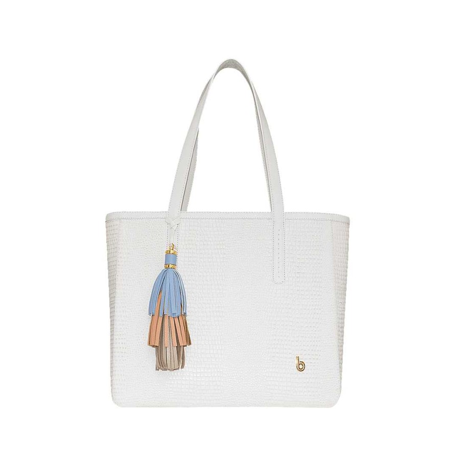 Bolsos Bon-Bonite | Cartera Con Fleco Color Blanco Crema En Cuero Grabado