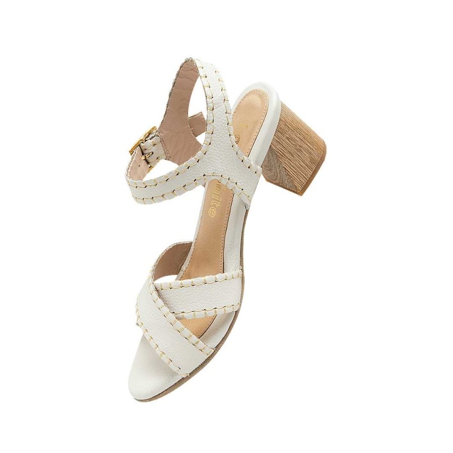 Zapatos Bon-Bonite | Sandalia De Tacon En Cuero Color Blanco Crema