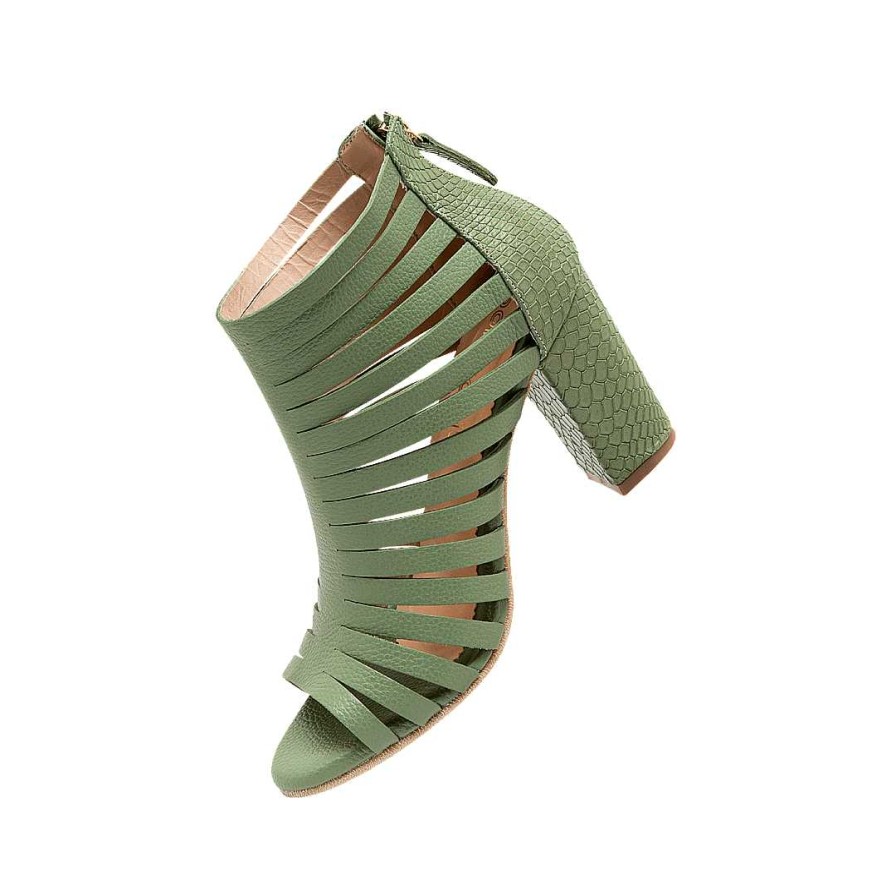 Zapatos Bon-Bonite | Sandalia De Tacon En Cuero Color Verde Sabila