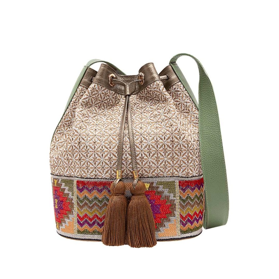 Bolsos Bon-Bonite | Bombonera En Cuero Y Textil Color Verde Sabila Por Oro