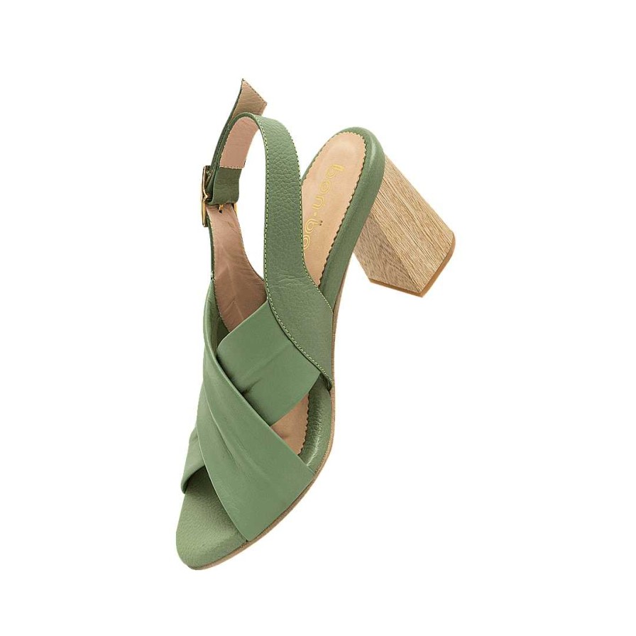 Zapatos Bon-Bonite | Sandalia De Tacon En Cuero Color Verde Sabila